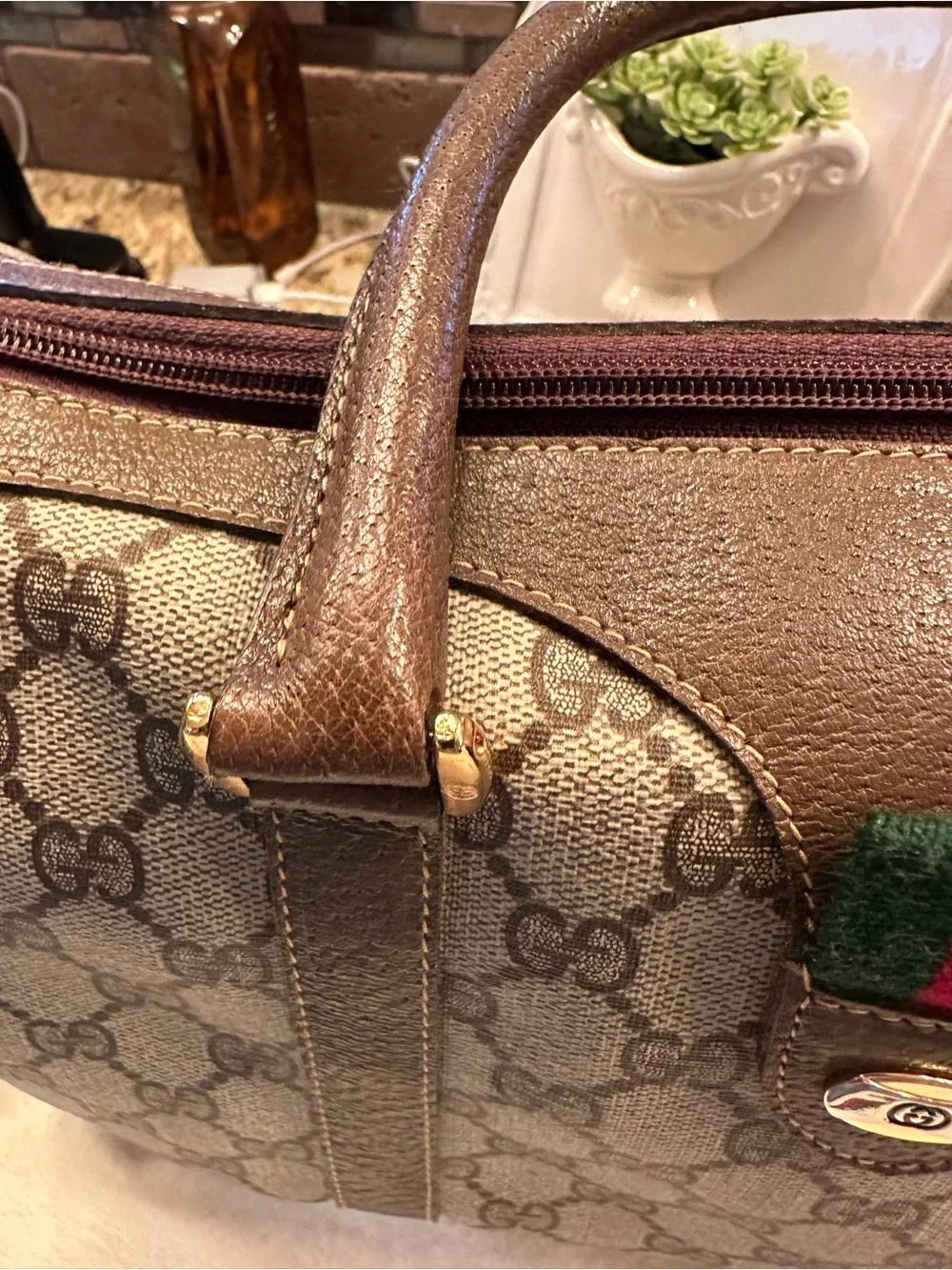 Gucci Brown GG Supreme Canvas Satchel with Signature Web Stripe